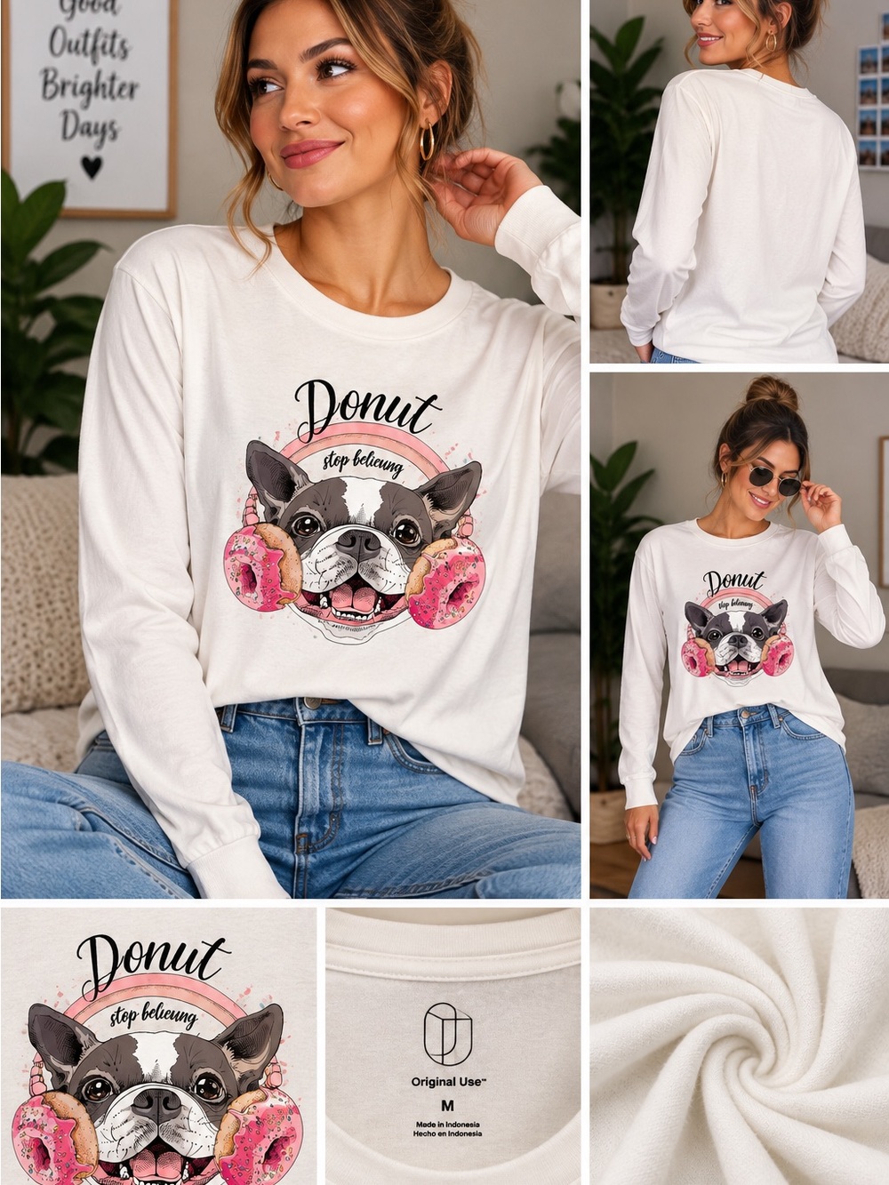17 Original Use White Long Sleeve Tee with French Bulldog Donut Graphic